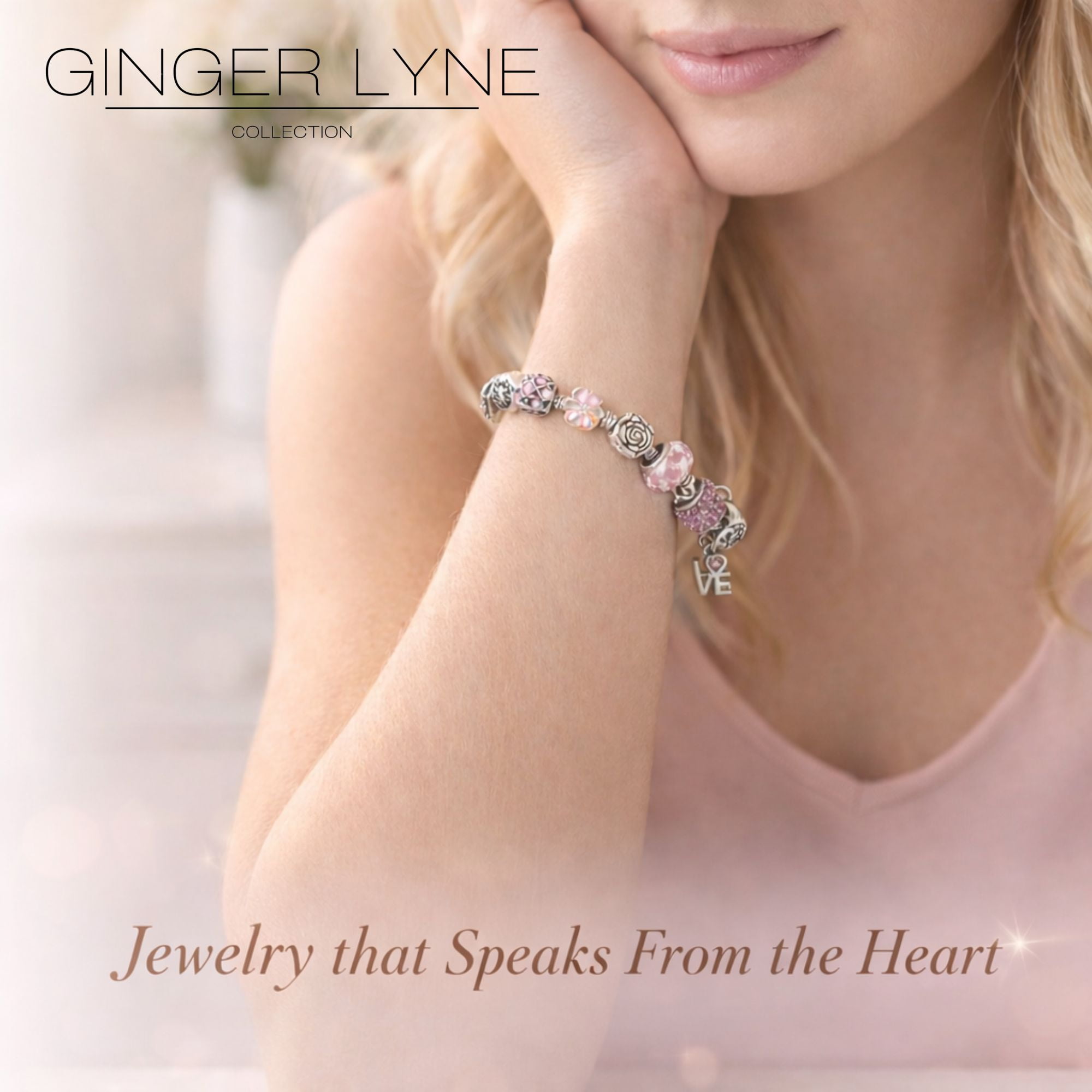 Love Theme Charm Bracelet for Women by Ginger Lyne 9" Alloy Pink Italian Style Beads Valentines Gifts