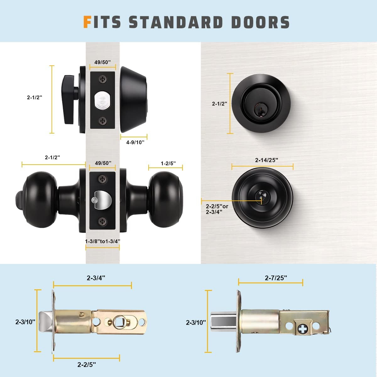 2 Pack All Keyed Same Entry Door Knob and Single Cylinder Deadbolt Combo Set, Black Exterior Door Knobs with Lock and Key for Entrance and Front Door, Keyed Alike Deadbolt and Door Knob Set