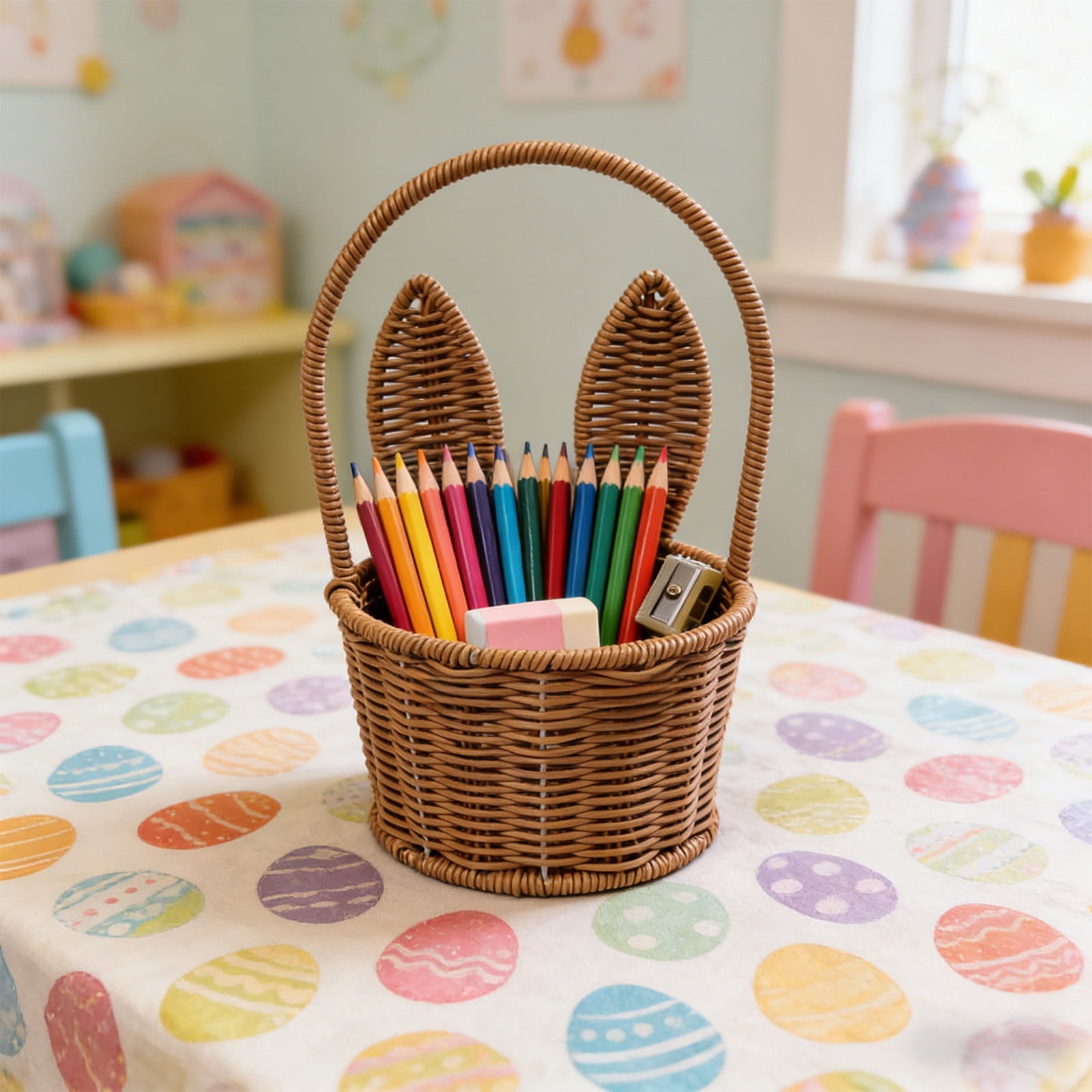 Specollect 3 Pcs Easter Bunny Ear Storage Basket, Plastic Woven Rattan Style, Decorative Home Organizer for Flower Arrangements, Kitchen, Party Decor