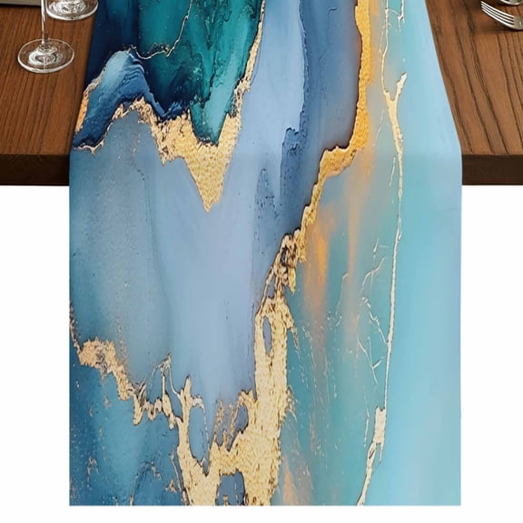 Turquoise Gold 72 Inch Table Runner, Modern Teal Blue Marble Textured Farmhouse Dresser Scarf Cotton & Linen Tablerunner for Dining/Kitchen Island/Holiday Party Décor 13" x 72"