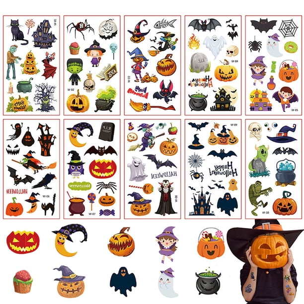 Etiqueta engomada temporal del tatuaje de la calabaza de Halloween NikouMX 10 hojas