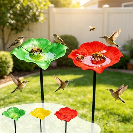 Bird Feeder for Outdoor Green Metal Flower Ground Stake Pollinator Waterer Bird Butterfly Feeding Tray Weatherproof Iron Garden Stake Bird Bath Decor for Yard Lawn Patio Backyard