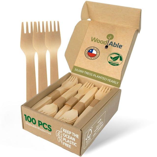 Juego de cubiertos de madera desechables, 100 tenedores, 6,5 cm, compostables