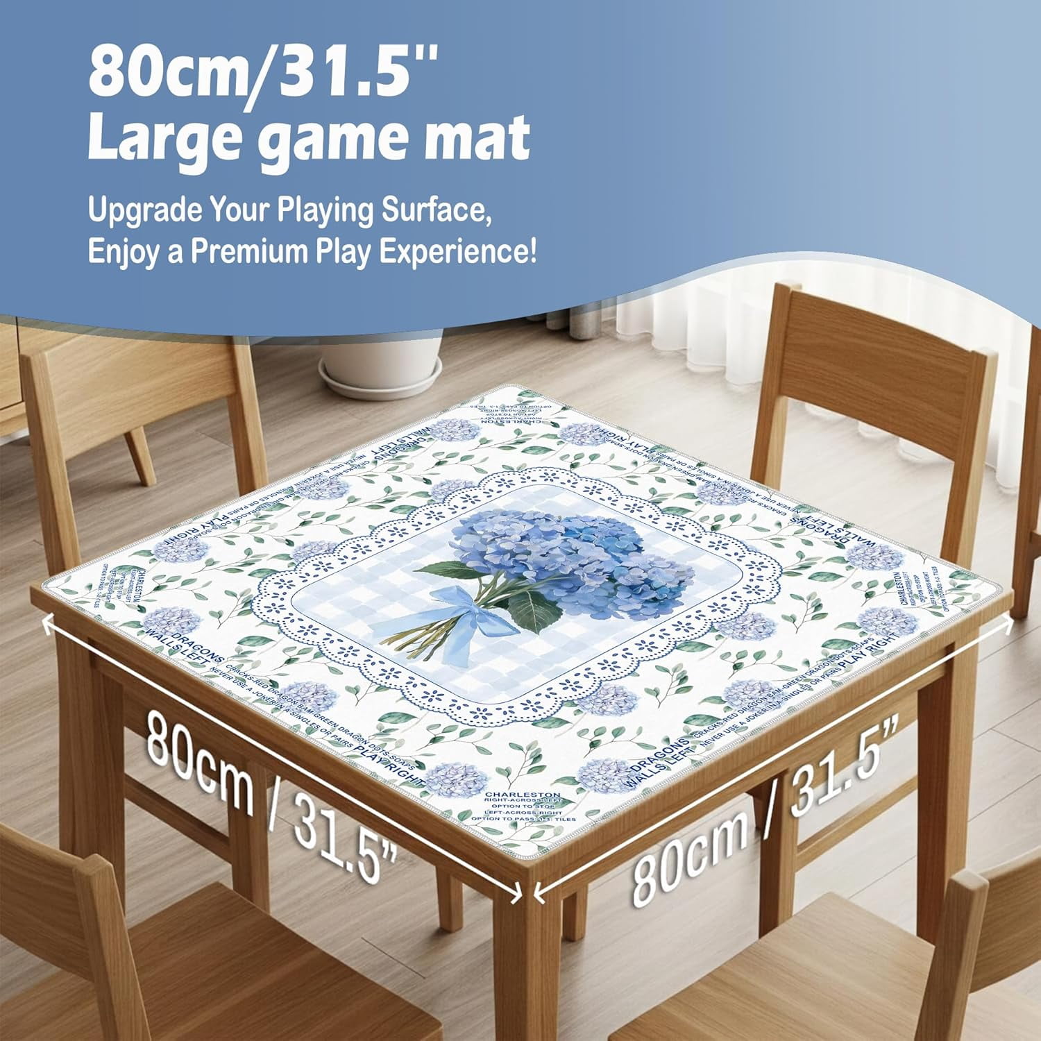 Coquette Bow Blue Hydrangea Mahjong Mat 31.5 x 31.5 Inch, Grandmillennial Hydrangea Flower Non-Slip Noise Reduction Mahjong Table Mat for American Mah Jong Poker Card Board Games Dominoes