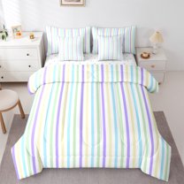 Manfei Minimalist Stripes Lines 7pcs Bedding Comforter Set,Modern Geometric Geometric Queen Bedding Sets,White Purple Blue Queen Sheet Sets For Teens,Luxury Bedroom Decor Reversible