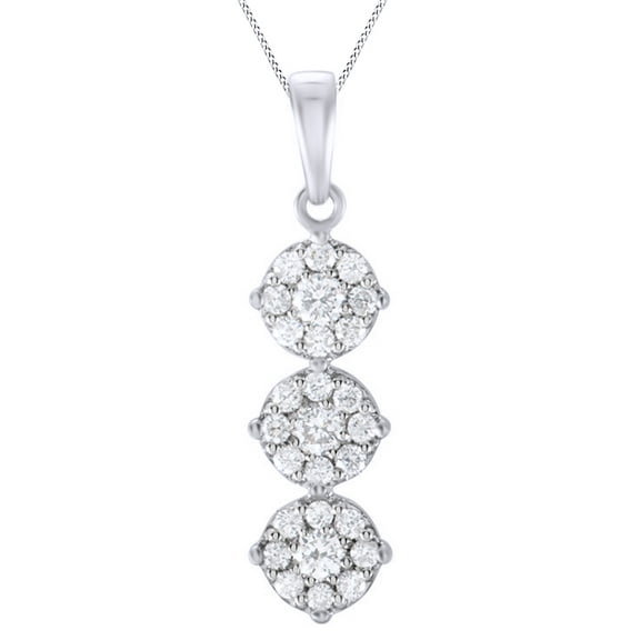 AFFY Round Cut White Naturtal Diamond Three Cluster Pendant Necklace In 14k White Gold