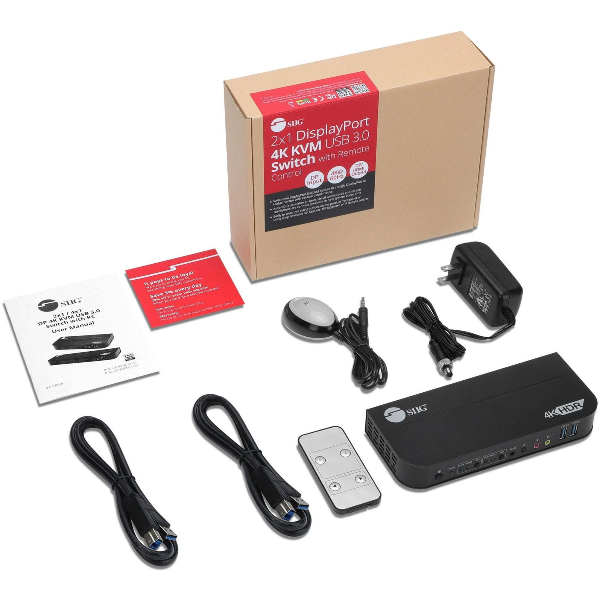 SIIG 2x1 DisplayPort 4K KVM USB 3.0 Switch with Remote Control - Allows you to control 2 DisplayPort 1.4 computers using one keyboard and mouse, DP 1.4/8K@30, HDMI 4K@60, USB 3.0 ports, 3.5mm Phone...