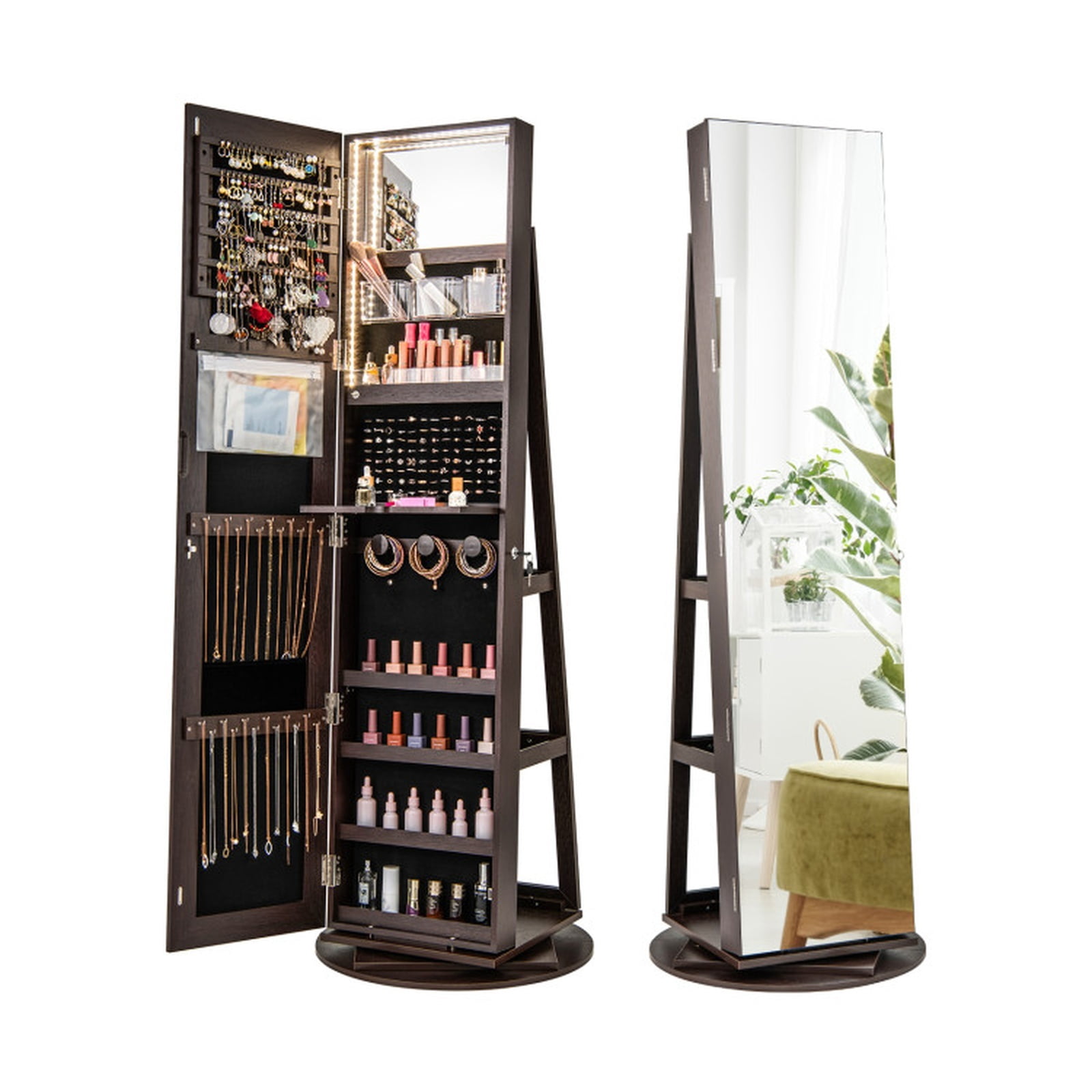 Furnibear 360° Rotating Mirrored Jewelry Cabinet Armoire 3 Color LED Modes Lockable for Bedroom Dressing Room Jewelry Necklace Rings, Espresso