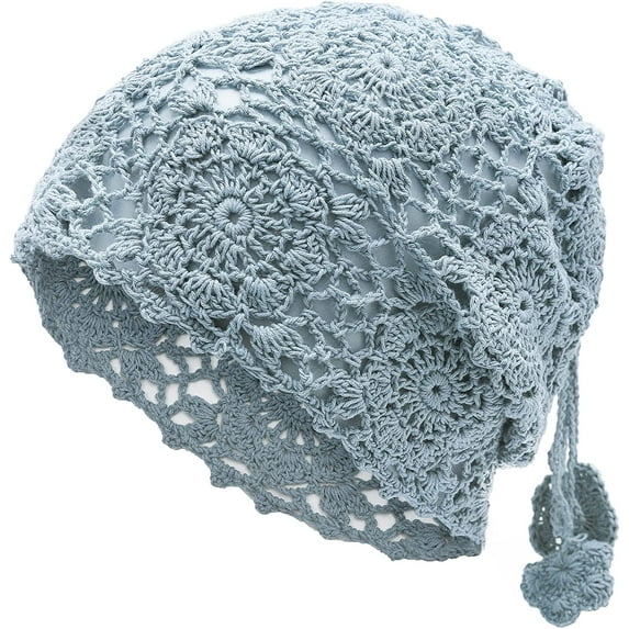 ZLYC Women Cotton Crochet Slouchy Beanie Hat Handmade Knit Cutout Summer Floral Skull Cap