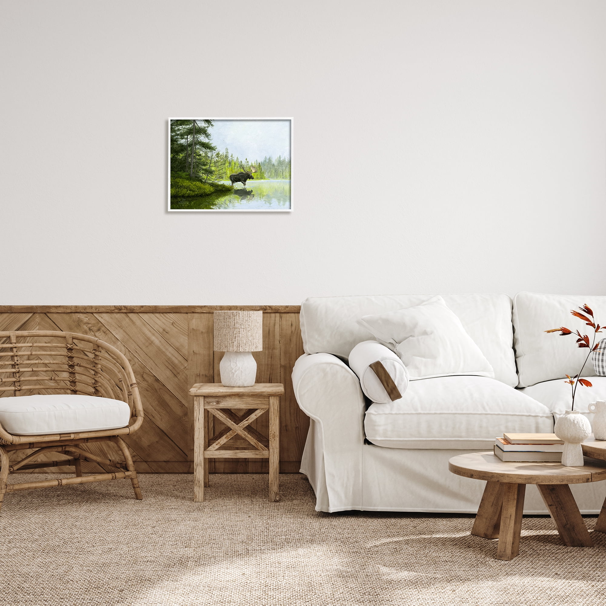 Stupell Industries Moose in Woodland Pond Nature Painting White Framed Art Print Wall Art, 20 x 16