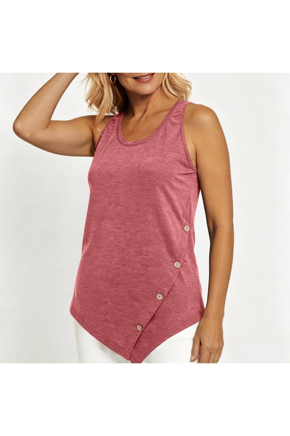 Womens Casual Tank Top with Side Buttons - Asymmetrical Hem Loose Fit Crew Neck Sleeveless, Red,Size 2XL