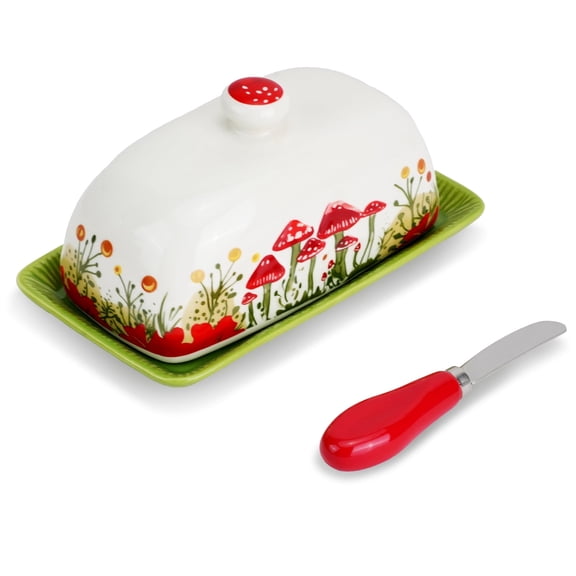 TIE-DailyNec Mushroom Butter Dish with Lid & Knife, Ceramic Butter Keeper for Countertop, Dishwasher Safe, Cottagecore Kitchen Decor Gift