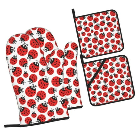 

Zufioo Cartoon Ladybug Oven Mitts and Pot Holders 4pcs Set Kitchen Oven Glove High Heat Resistant 500 Degree Extra Long Oven Mitts for Kitchen Baking Cooking