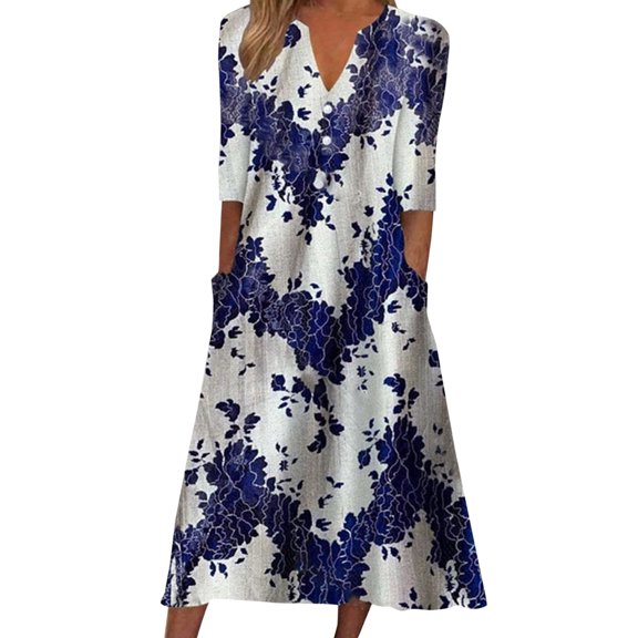 Womens Dresses Summer Beach Casual Boho Dress Short Sleeve V Neck Pocket Dress Casual Print Short Crewneck Dress Spring Dresses