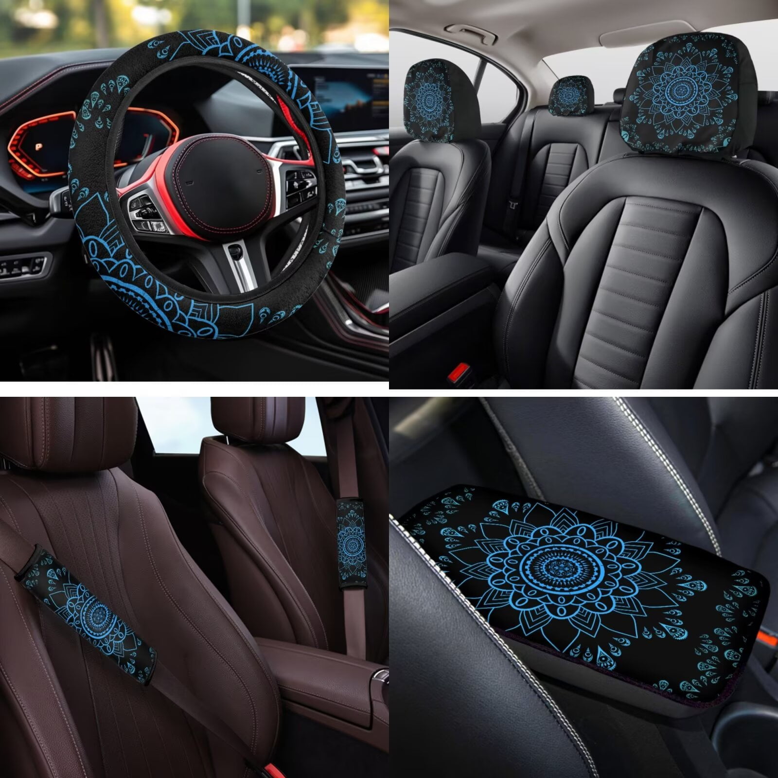HUIACONG Blue Lotus Mandala Car Seat Covers for Women Full Set 14 Pcs Boho Car Accessories Interior Including Steering Wheel Cover Seat Belt Covers Armrest Cover Headrest Covers Coasters Keychain
