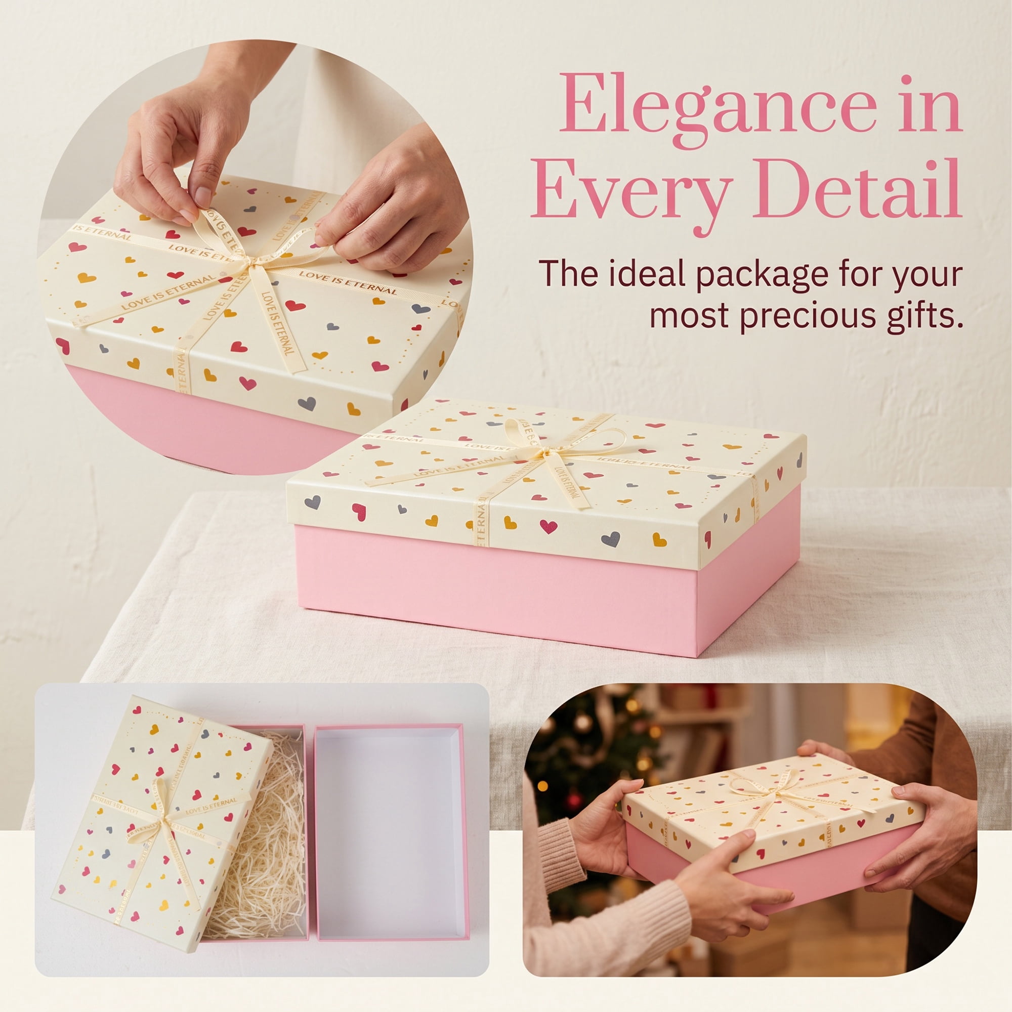 Unique Bargains Colorful Heart Shaped Ribbon Versatile Gift Box Pink 11" x 7.9" x 3.5"