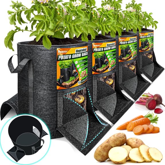 4Pcs 15 Gallon Potato Grow Bags with Unique Harvest Window and Visible Window, Garden Planting Bag with Sturdy Handle, Potato Growing Container, Nonwoven Fabric Pots to Grow Vegetables, Tomato