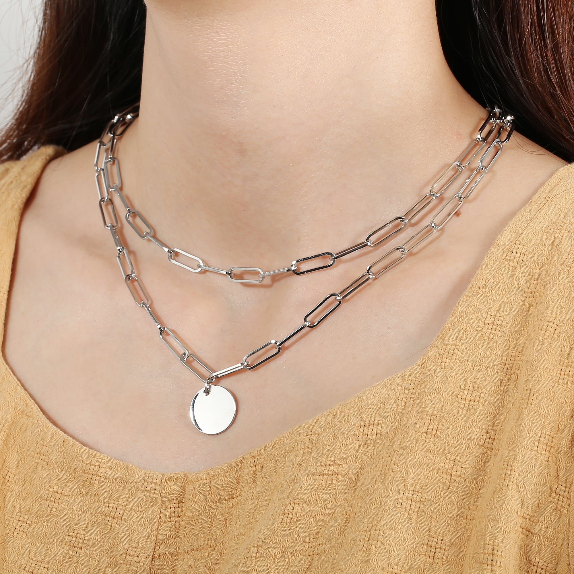 Unique Bargains Layered Disc Pendant Paperclip Link Chain Necklaces for Women Silver Tone