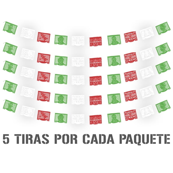 Papel picado Fiestas Patrias | Guirnaldas | enramada | 5 tiras de 5 metros | diseño de 16 de Septiembre tricolor | plastico picado viva mexico | colores verde, blanco y rojo | plastico picado