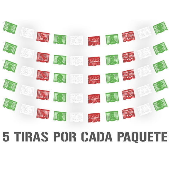 Papel picado Fiestas Patrias | Guirnaldas | enramada | 5 tiras de 5 metros | diseño de 16 de Septiembre tricolor | plastico picado viva mexico | colores verde, blanco y rojo | plastico picado