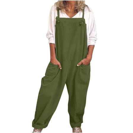 KBODIU Jumpsuits for Women Overalls Casual Loose Dungarees Baggy Cotton Wide Leg Linen Pants Rompers Bodysuit for Women Green 5XL