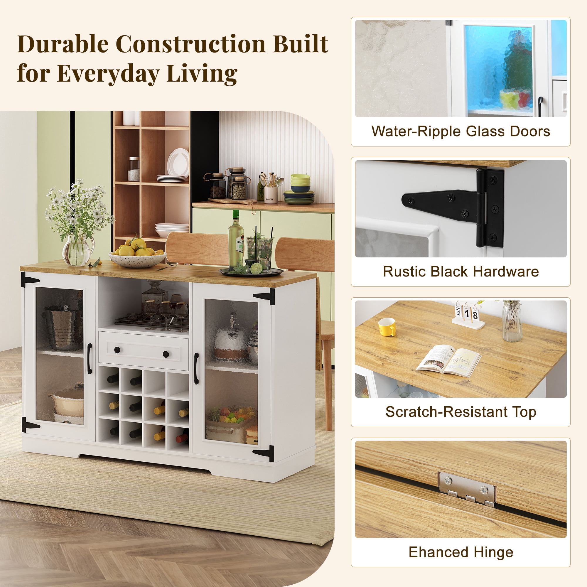 Euroco Coffee Bar Cabinet with Drop Leaf, Liquor Wine Bar Cabinet with LED Lights,Glass Doors,12 Wine Racks,1 Drawer & Open Shelf,Farmhouse Kitchen Cabinet for Dining Room,Natural+White