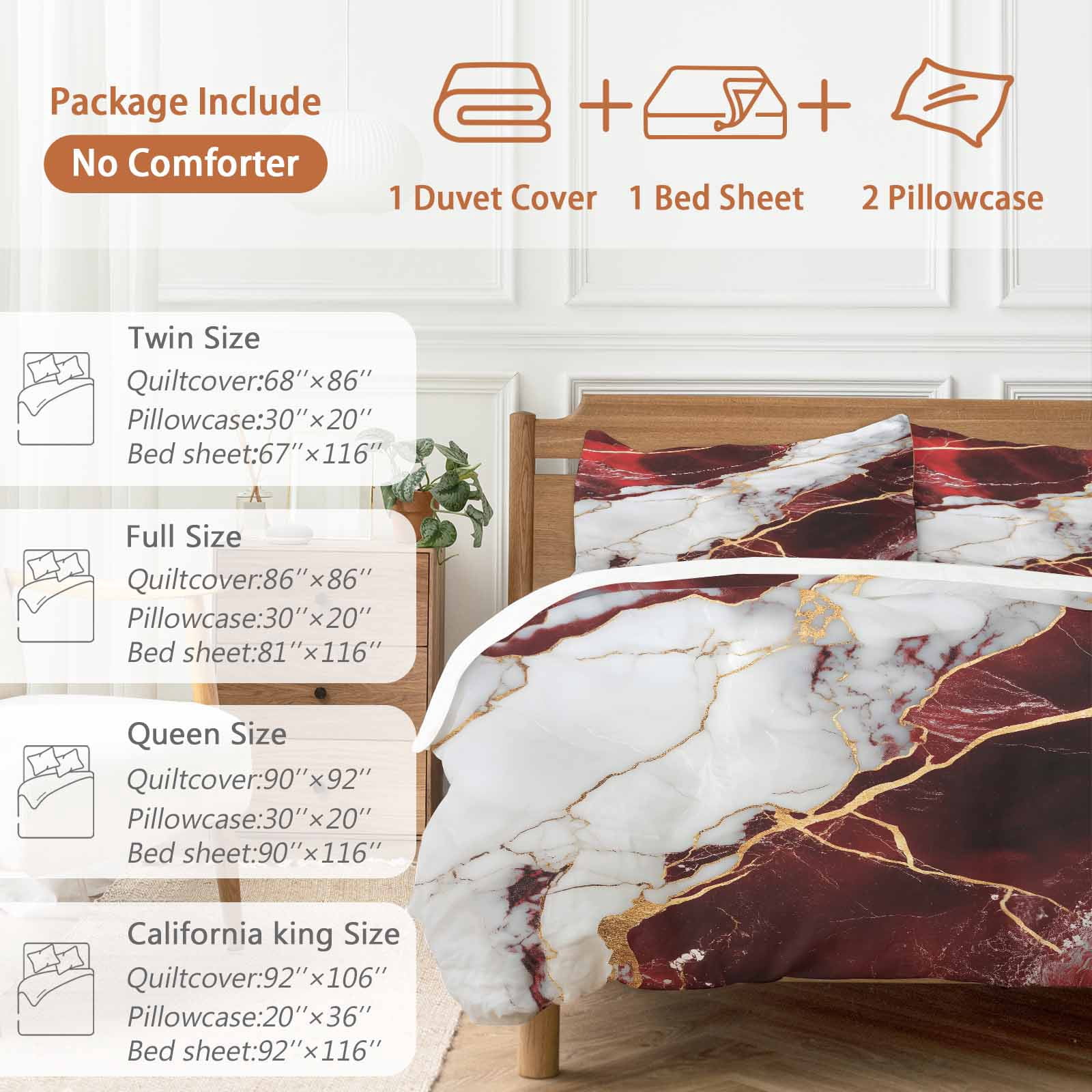 Queen 4 Piece Bedding Set Burgundy Red White Marble Soft Breathable Duvet Cover and Pillowcase, Modern Abstract Stone Crack Texture Duvet Cover Set Bed Sheets for Bedroom Dormitory Guest Room