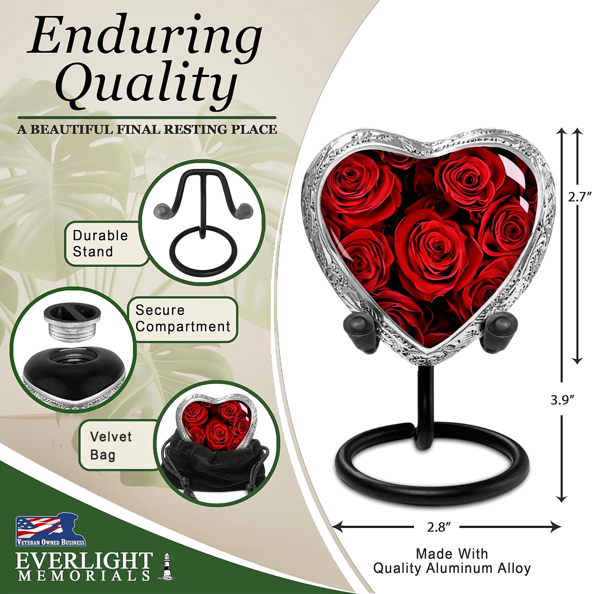 Red Roses Heart Keepsake Urn for Human Ashes – Small Memorial Urn for Adult Female – Tribute for Mother, Daughter, Sister, or Wife – A Symbol of Eternal Love to Share and Keep Close