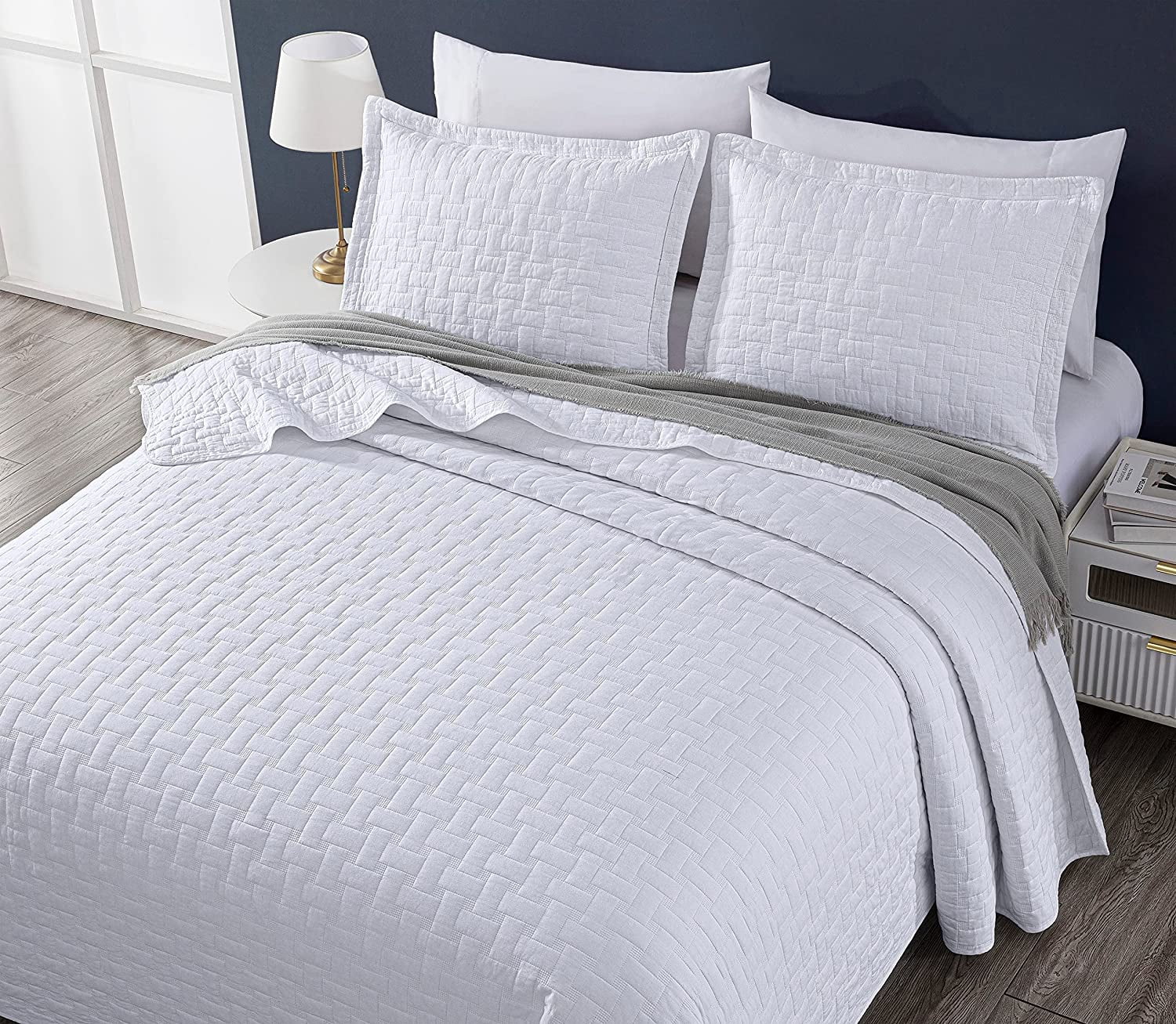 Chezmoi Collection Vert 3-Piece 100% Cotton Quilt Set King Size, White, Modern Basketweave Stitched Quilt Lightweight Washed Cotton Bedspread for All Season