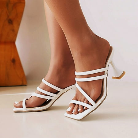 

〖Yilirongyumm〗 White 39 High Heels For Women Ladies Fashion Summer Solid Color Leather Ankle Cross Strap High Heel Sandals