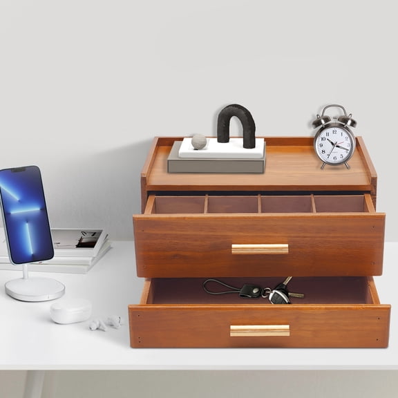Wood Desktop Organizer with 2 Drawers, Retro Tea Bag Storage Box, Multi-purpose Desk Storage Container for Office Home