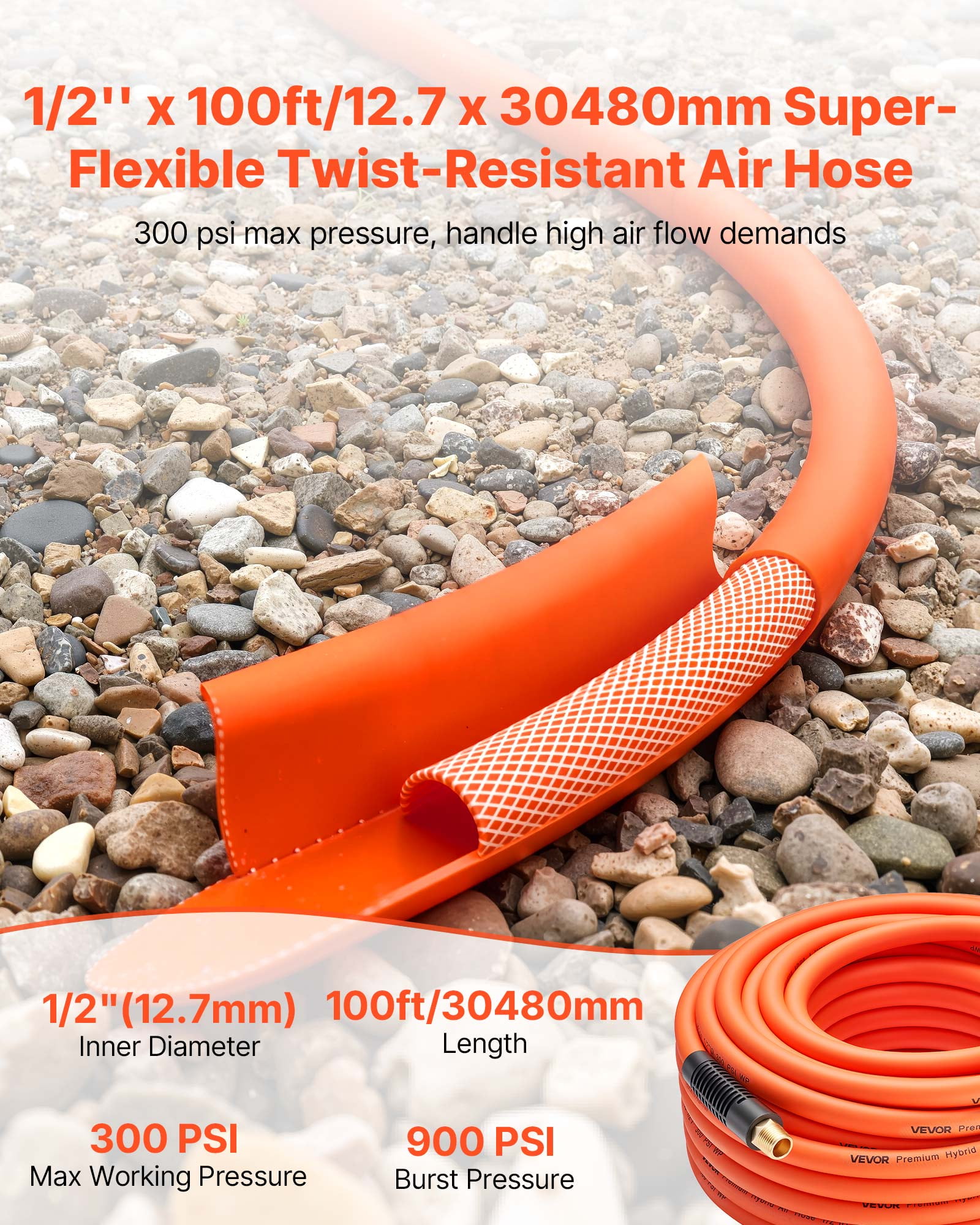 VEVOR Air Hose, 1/2" x 100ft Hybrid Air Hose, Lightweight, Kink Resistant, Pneumatic Hoses with 1/2 inch Solid Brass Male Fitting, Three-Layer Hybrid Material, 300 PSI, All-Weather Flexibility,Orange