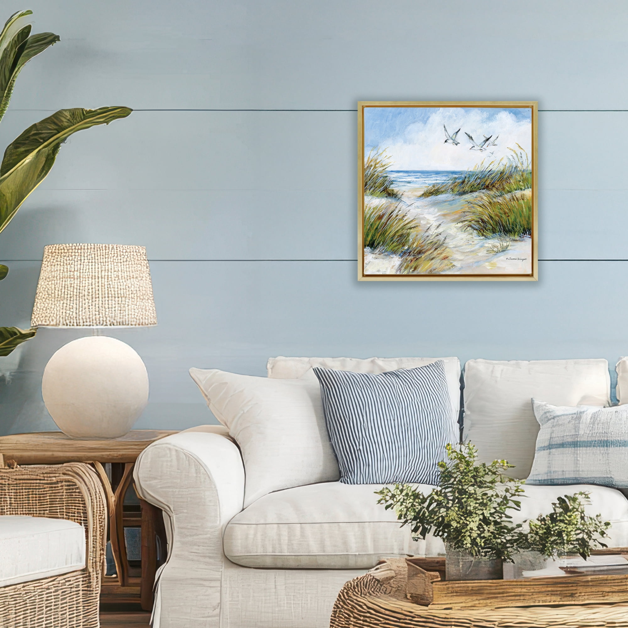 Stupell Industries Beach Path Seagulls Overhead Gold Framed Floater Canvas Wall Art, design by Susan Winget