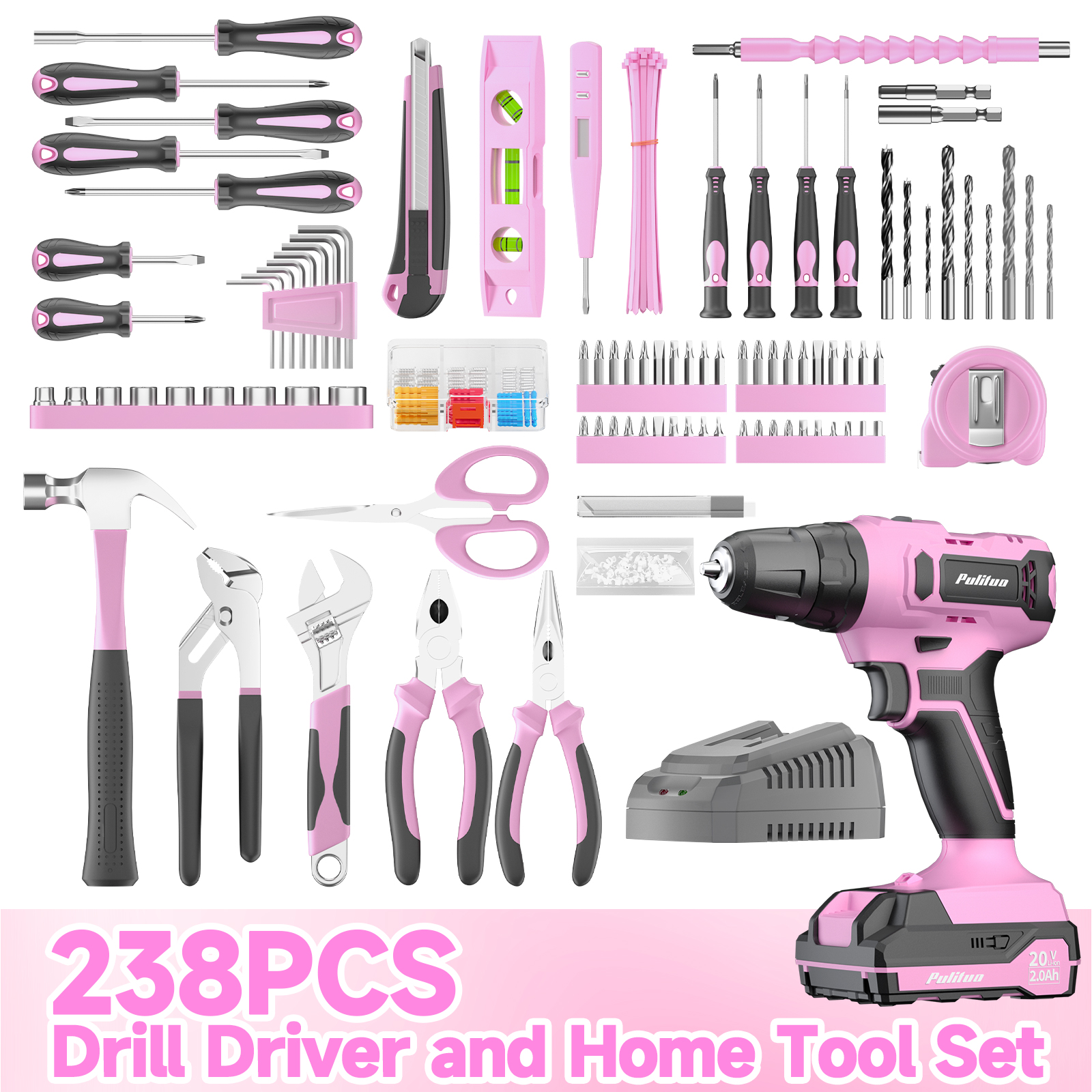 PULITUO 20V Cordless Pink Drill Kit, 238-Piece Tool Box, Electric Drill Driver with Battery, 2 Speeds, 21+1 Clutch, LED Light, Lady's Home Repair Set