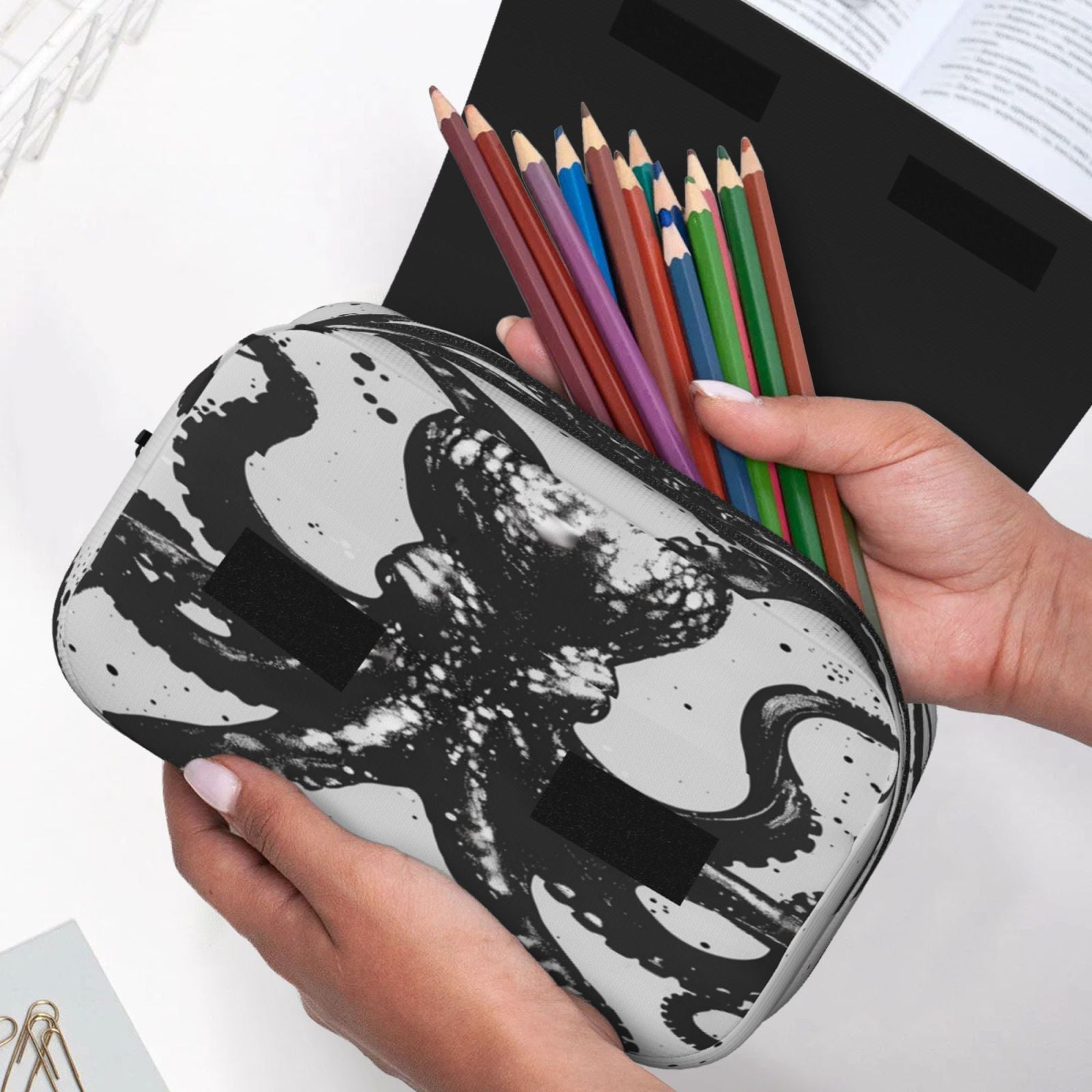 Rateoe Abstract Ink Octopus Pattern Double Clamshell Pen Case, Storage Organizer with Two Zipper Compartments– Holds Up to 50 Pencils & Pens