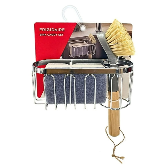 Frigidaire 3-Piece Sink Caddy Set with 2-Suction Cup Sponge Holder, Sponge, and Bamboo Handle Scrub Brush