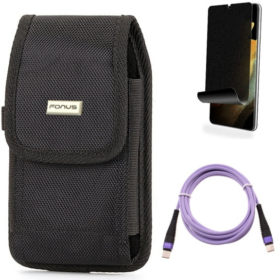 Privacy Screen Protector & Case Belt Clip & Purple 6ft PD Cable for Samsung Galaxy S22 Plus (S22 ) - Combo TPU Film (Fingerprint) Anti-Peep & Rugged Holster & Type-C to USB-C Long Charger Cord Power