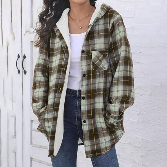 Fartey Women's Flannel Fleece Shacket Jacket Plaid Button Down Long Sleeve Hooded Jackets 2025 Fall Winter Warm Coat with Pockets