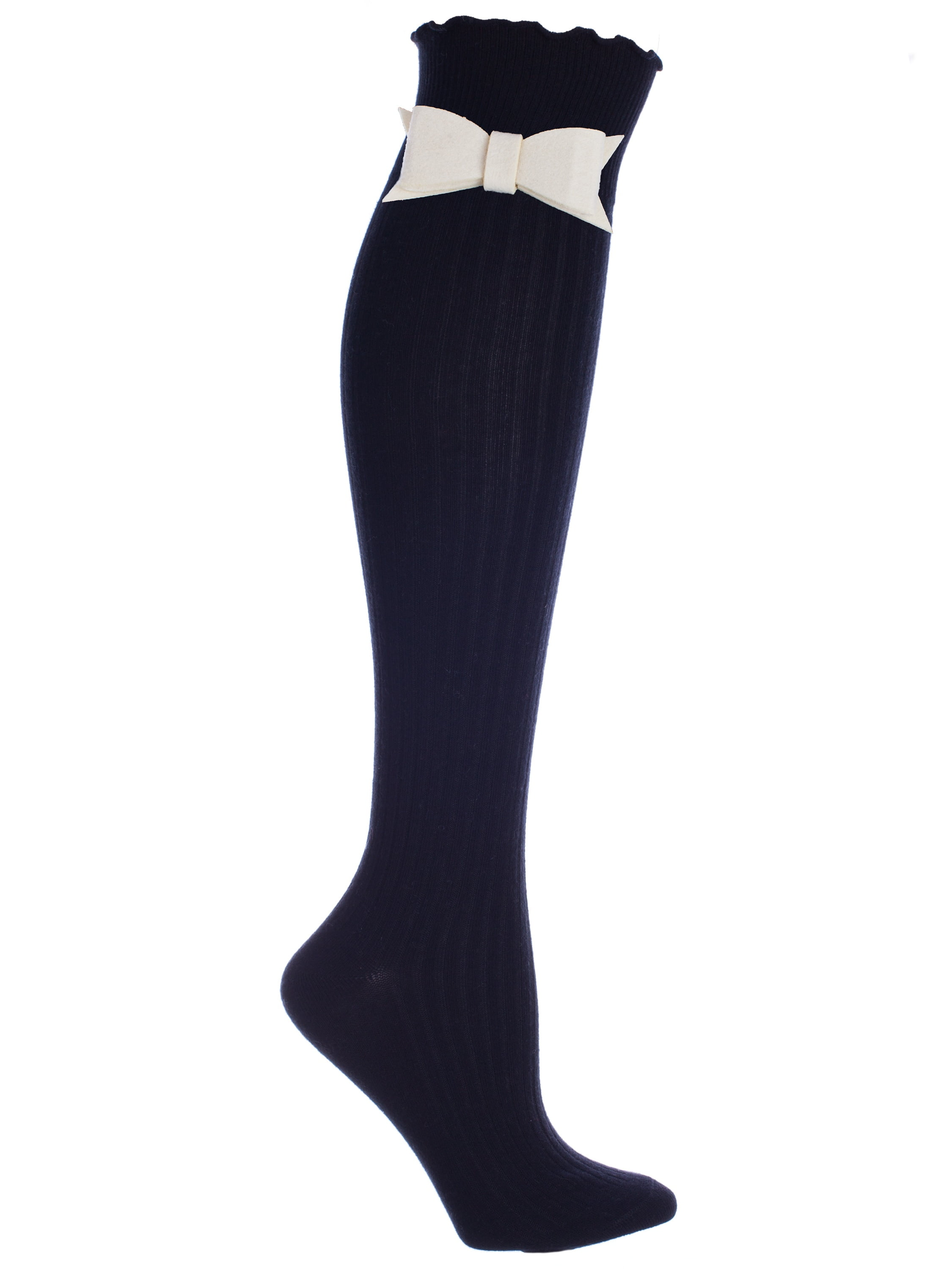 MinxNY Black Ribbed Knee High Boot Socks With Cream SnapOn Bow Tie