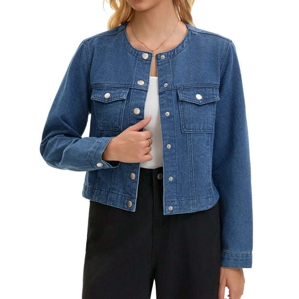 CHAQUETA DE MEZCLILLA CORTA PARA MUJER INSPIRE CHIC SIN CUELLO 2025, CHAQUETAS DE MEZCLILLA DE MANGA LARGA S AZUL