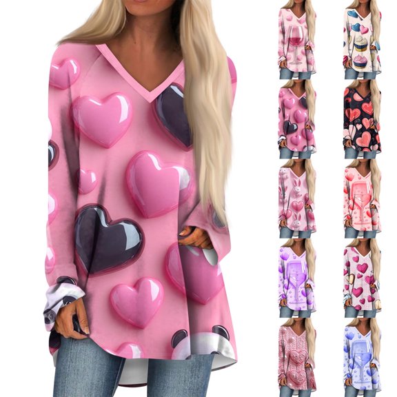 Colorful Valentine's Day Heart Print V-Neck Caregiver Top - Women's Short Sleeve Uniform with Pocket, Festive Fashion Top for Work & Celebrations
