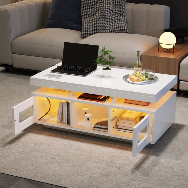 Noble House High Gloss Coffee Table with LED Lights,USB Ports & Sockets,2-Door Centre & Sofa Side Table,White