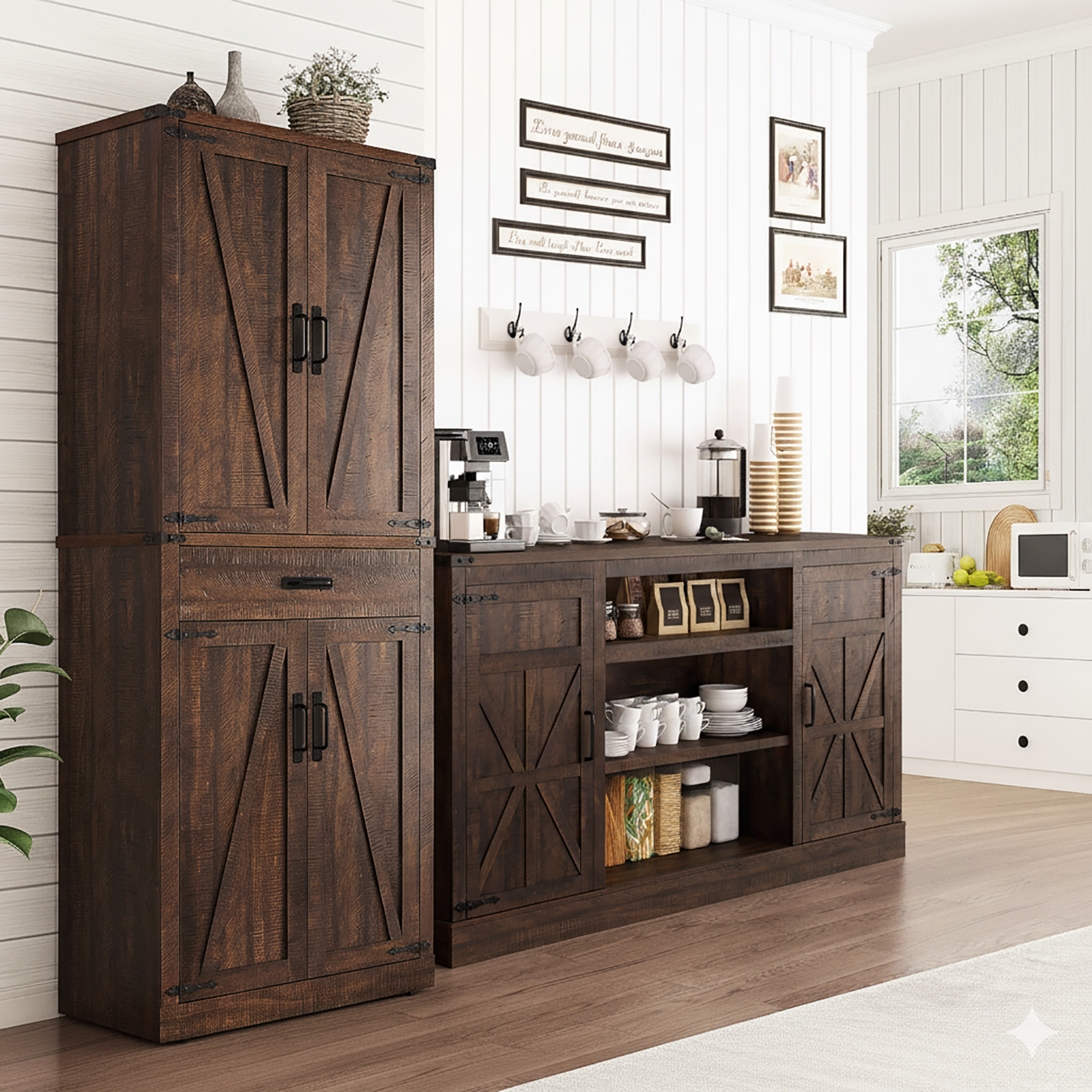 66''W Kitchen Buffet Sideboard Bar Cabinet with Power Outlet, Farmhouse Coffee Bar Cabinet with 4 Tier 9 Storage Shelves