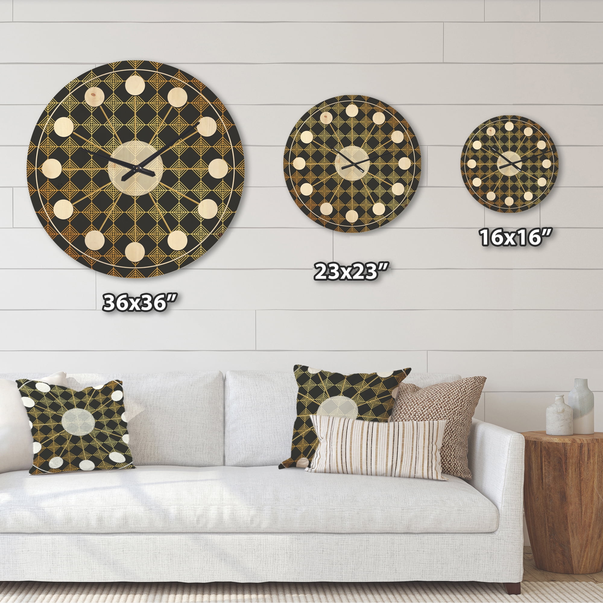 Designart 'Metallic Golden Luxury Geometrics XII I' Mid-Century Modern Wood Wall Clock