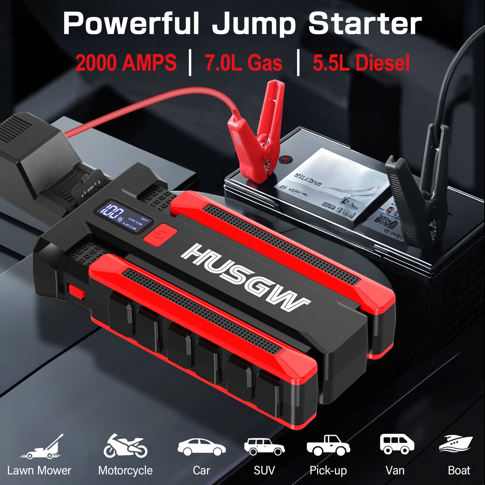 HUSGW 14000mAh 51.8Wh Car Jump Starter Powerful with USB Quick Charge and DC Output,2000A 3.7V  Portable Lithium Car Battery Starter Kit, Jump Start Power Pack and Booster Cable