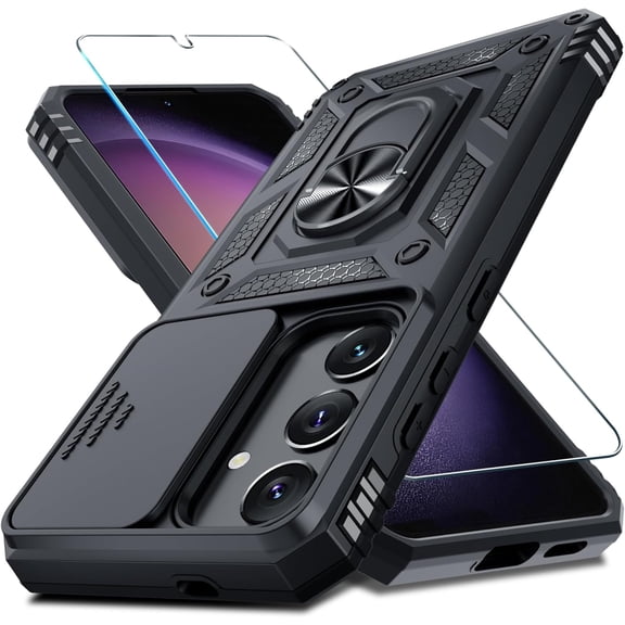MYKOMI Compatible with Samsung Galaxy S25/S24 Case Built in Slide Camera Lens Cover Screen Protector Finger Ring Holder Kickstand,Heavy Duty Shockproof Full Body Protective Phone Cover