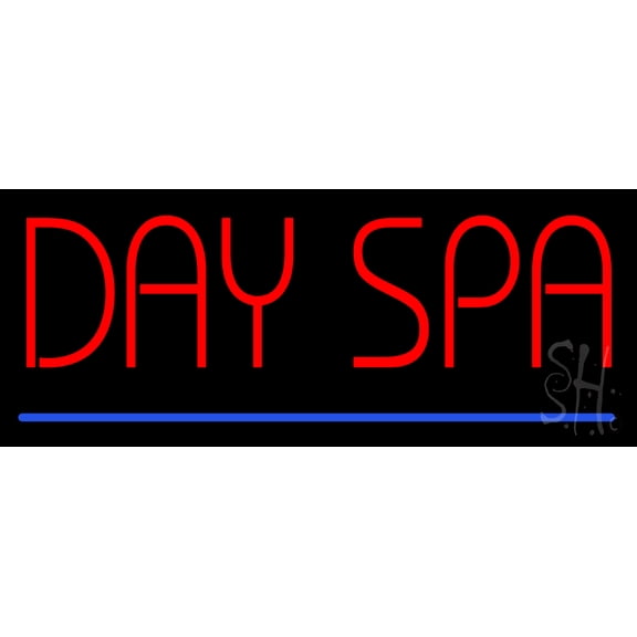 Red Day Spa Blue Line LED Neon Sign 13 x 32 - inches, Black Square Cut Acrylic Backing, with Dimmer - Bright and Premium built indoor LED Neon Sign for Spa interior decor and storefront.
