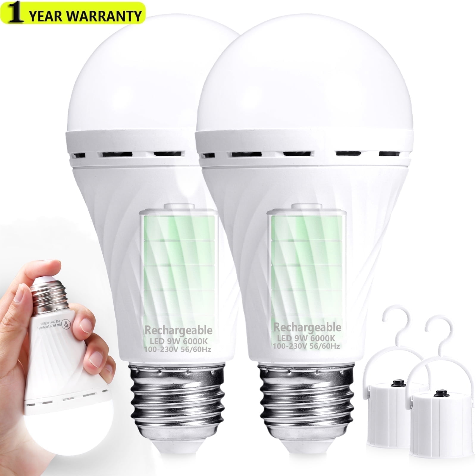 DEBAOBULB Rechargeable Light Bulb 6pcs E26/E27 Emergency Battery Operated  with Hook, 6000K LED - Walmart.com, image size:1600x1600