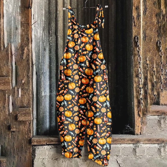Yertdoel Jumpsuits for Women Halloween Funny Print Adjustable Strap Loose Fit Overalls Fashion Casual Rompers Pants with Pockets