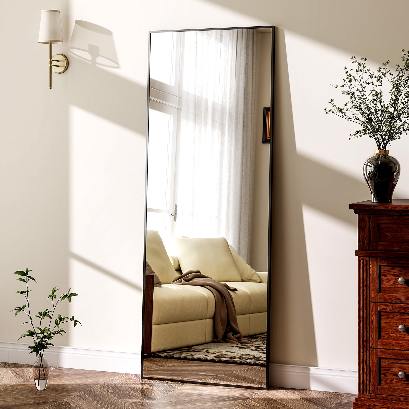 AUROMIR 16"x59" Rectangular Full Length Mirror Full Body Standing Mirror with Metal Frame, Black